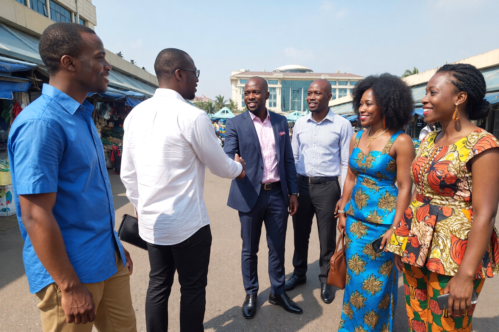 A group of Nigerians talking to each other, shaking hands and hanging out together