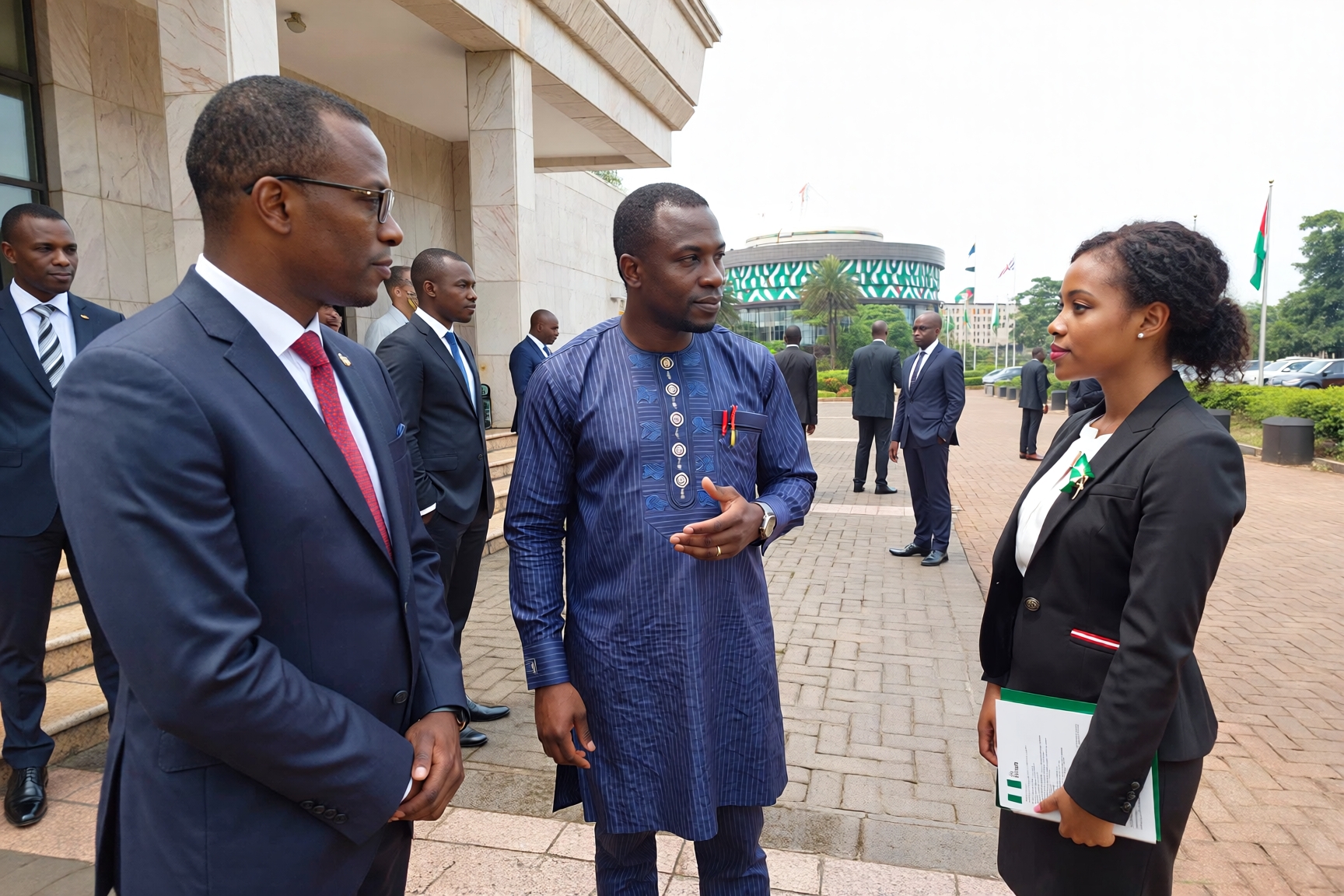 A group of Nigerians standing together in a public space, representing national identity and community.