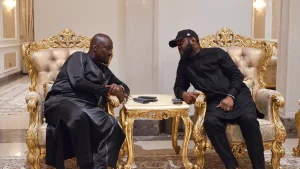 Obi Cubana meets with Seyi Tinubu during the latter's visit to his Abuja residence following his appointment as City Boy Movement coordinator in the South-East.