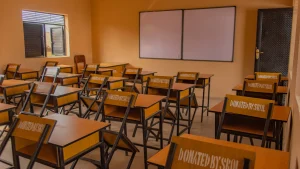 Chairs and tables inside the Imogbara Primary School.
