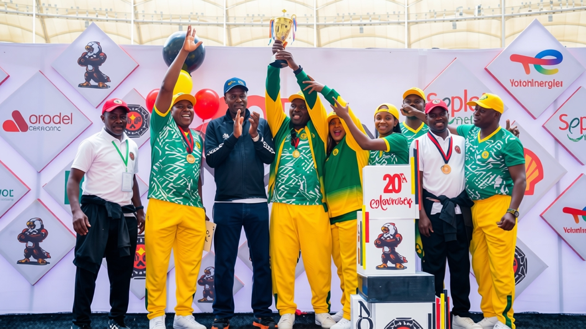 Team PTI athletes and officials celebrate after receiving their trophy as overall winners in the Tennis event at NOGIG 2026