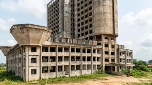 The abandoned Nigeria Social Insurance Trust Fund (NSITF) building located on Essume Street opposite Ade and Ola Streets, Iyana Era in Lagos