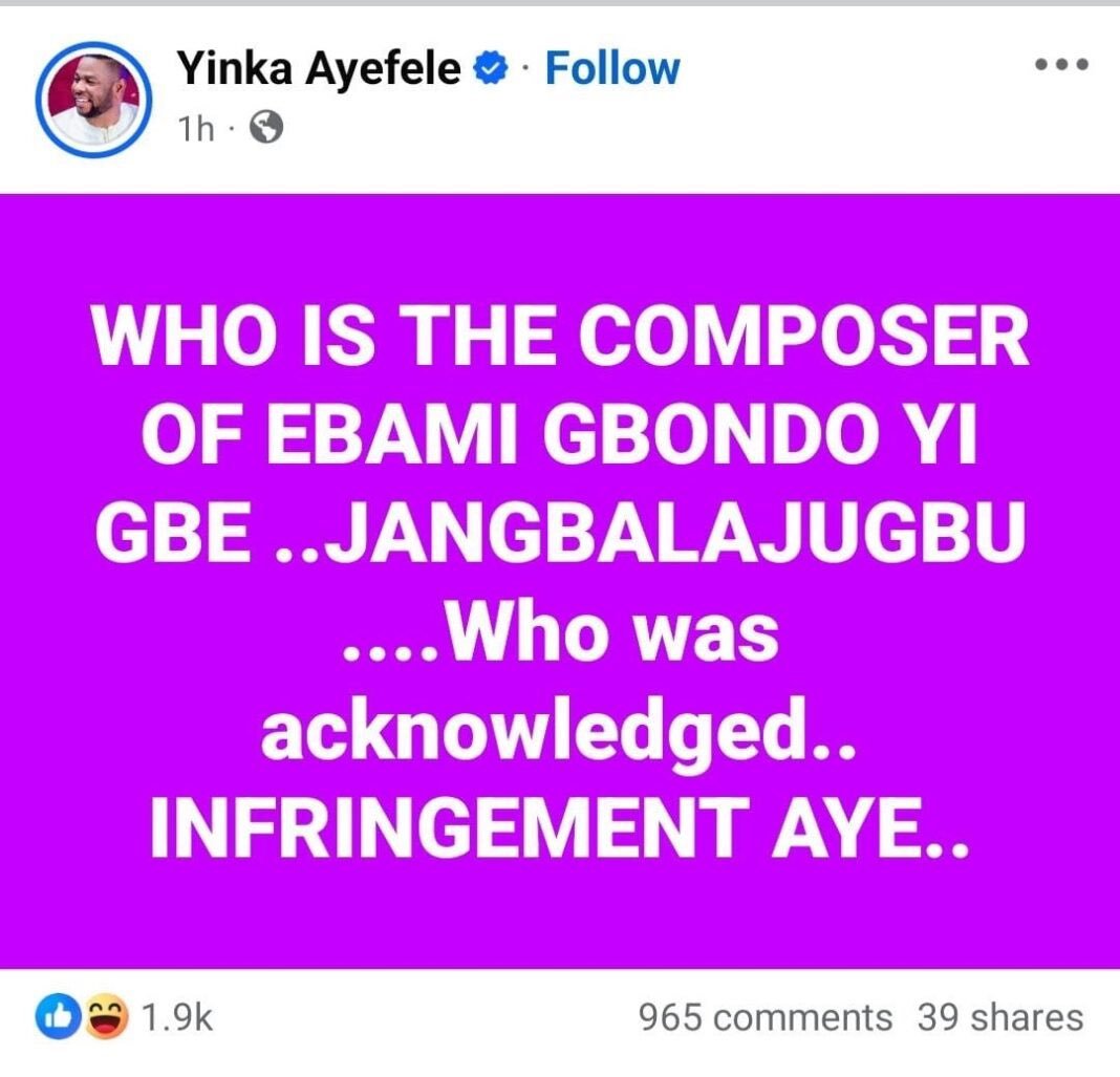 Yinka Ayefele's Facebook post