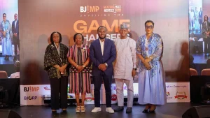 CEO, Entod Marketing, Iquo Ukoh (left); Co-founder, WIMBIZ, Adeola Azeez; Founder, BJUMP, Bolaji Junaid; DG, ARCON, Dr. Lekan Fadolapo; and President, NIMN, Dr. Bolajoko Bayo-Ajayi, at the unveiling of the fourth cohort of BJUMP MET Stars Academy mentees in Lagos.