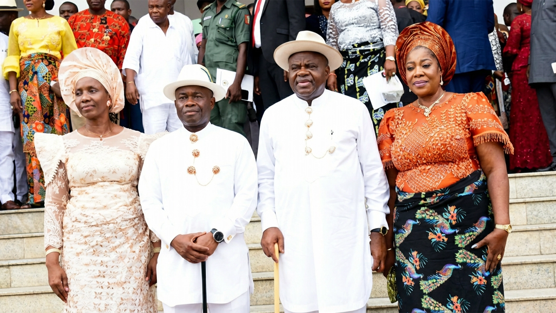 Wife of the new Bayelsa State Deputy Governor, Dr Favour Akpe (left); her husband, Dr Peter Akpe; Governor Douye Diri, and new Commissioner for Women, Children Affairs, Empowerment and Social Development, Joanna Gigi, during their swearing-in at the Government House, Yenagoa, yesterday.