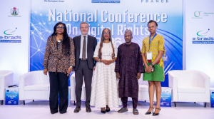 Executive Director of Spaces for Change, Victoria Ibezim- Oharie (left); Ambassador of the EU Delegation to Nigeria and ECOWAS, Mr Gautier Mignot; Country Director of ASF France, Nigeria, Mrs Angela Uwandu Uzoma-Iwuchukwu;  Executive Director of CITAD, Dr Yinusa Z’au and Representative of the European Union Delegation to Nigeria, Mrs WynyFred Achu-Egbuson at the conference.