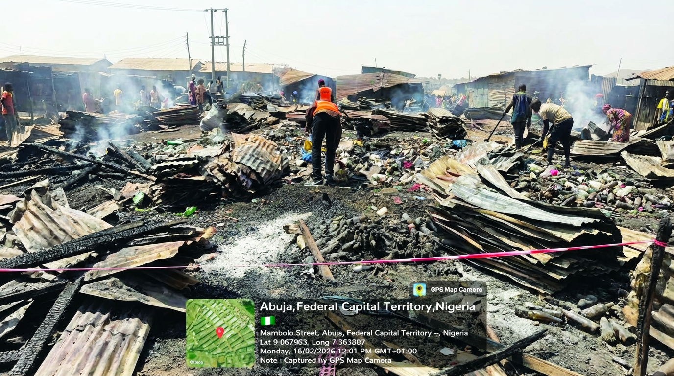 Charred remains of the fire incident.