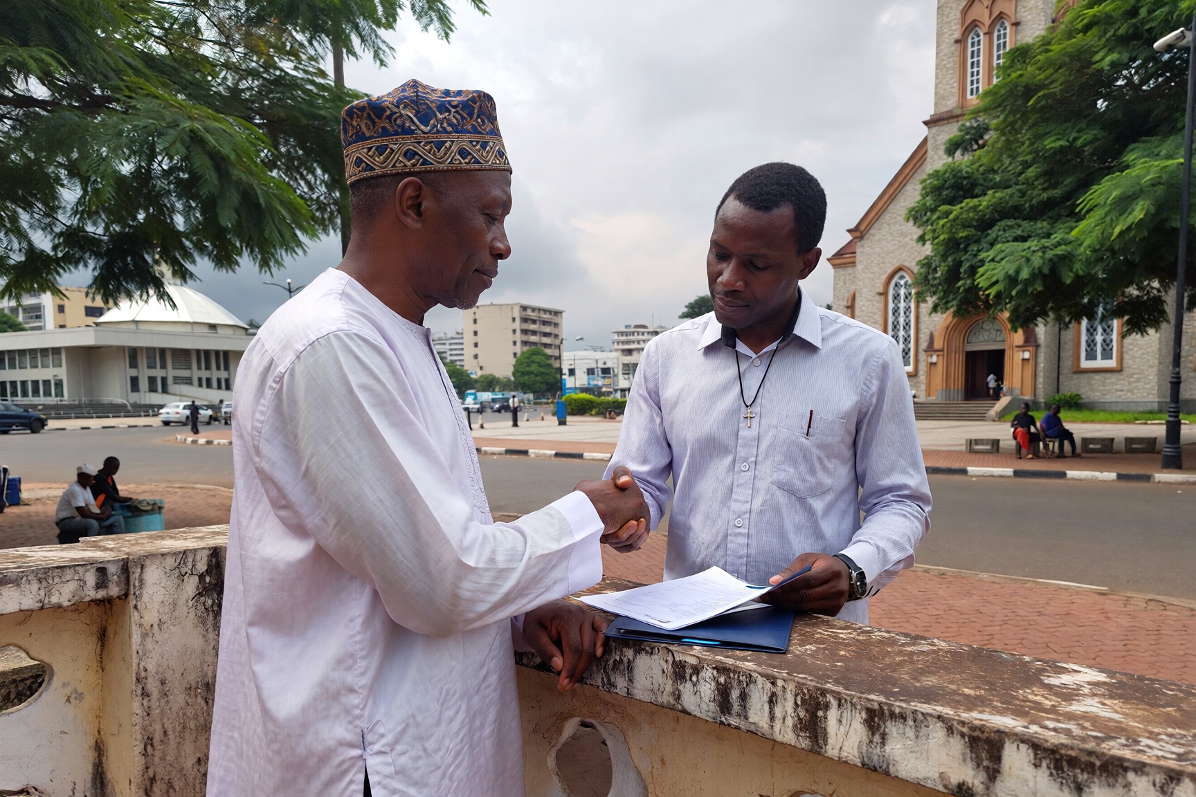 Christian and Muslim men shaking hands in Nigeria, representing interfaith dialogue and relations between Islam and Christianity