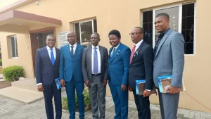 President Western Nigeria Union Conference, Pastor Ezekiel Adeleye, who represented the West Central African Division President, PastorBasseyUdoh (third left) with President of Lagos-East Atlantic Conference, Pastor Stanley Chikezie (third right) and other Executive Officers, during the inauguration and dedication service held in honour of the newly elected officers at the Seventh-day Adventist ChurchConference Headquarters, Lekki-Epe Expressway, Sango-Tedo, Lagos.