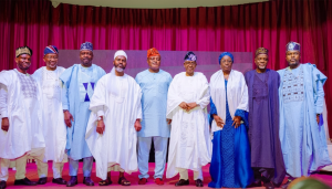 Representative of the Vice Chancellor, University of Lagos, Prof Femi Saibu; Chairman, Lagos State House Committee on Home Affairs, Jubreel AbdulKareem; Borno State Deputy Governor, Umar Kadafur; Chief Imam, Lekki Central Mosque, Dr. Ridwan Jamiu; Speaker, Lagos State House of Assembly, Mudashiru Obasa; UMA Board of Trustees Chairman, Alhaji Rasaki Oladejo; Ogun State Deputy Governor, Mrs Noimot Salako-Oyedele; JAMB Registrar, Prof. Is-haq Oloyede and Senator Shuaibu Salisu during 31st UMA Pre-Ramadan Lecture at UNILAG Main Auditorium, Akoka, Lagos.