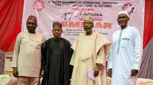 Guest Speaker, Prof. Seth Akutson; Chairman, TETFund, Alhaji Aminu Bello Masari; MadakinZazzau, Alhaji MunnirJa’afaru and President, KADCCIMA, Alhaji Farouk Suleiman at a seminar marking47TH  Kaduna International Trade Fair in Kaduna.