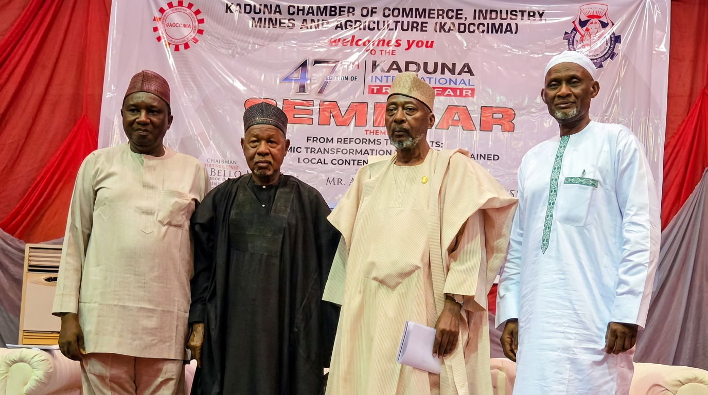 Guest Speaker, Prof. Seth Akutson; Chairman, TETFund, Alhaji Aminu Bello Masari; MadakinZazzau, Alhaji MunnirJa’afaru and President, KADCCIMA, Alhaji Farouk Suleiman at a seminar marking47TH  Kaduna International Trade Fair in Kaduna.