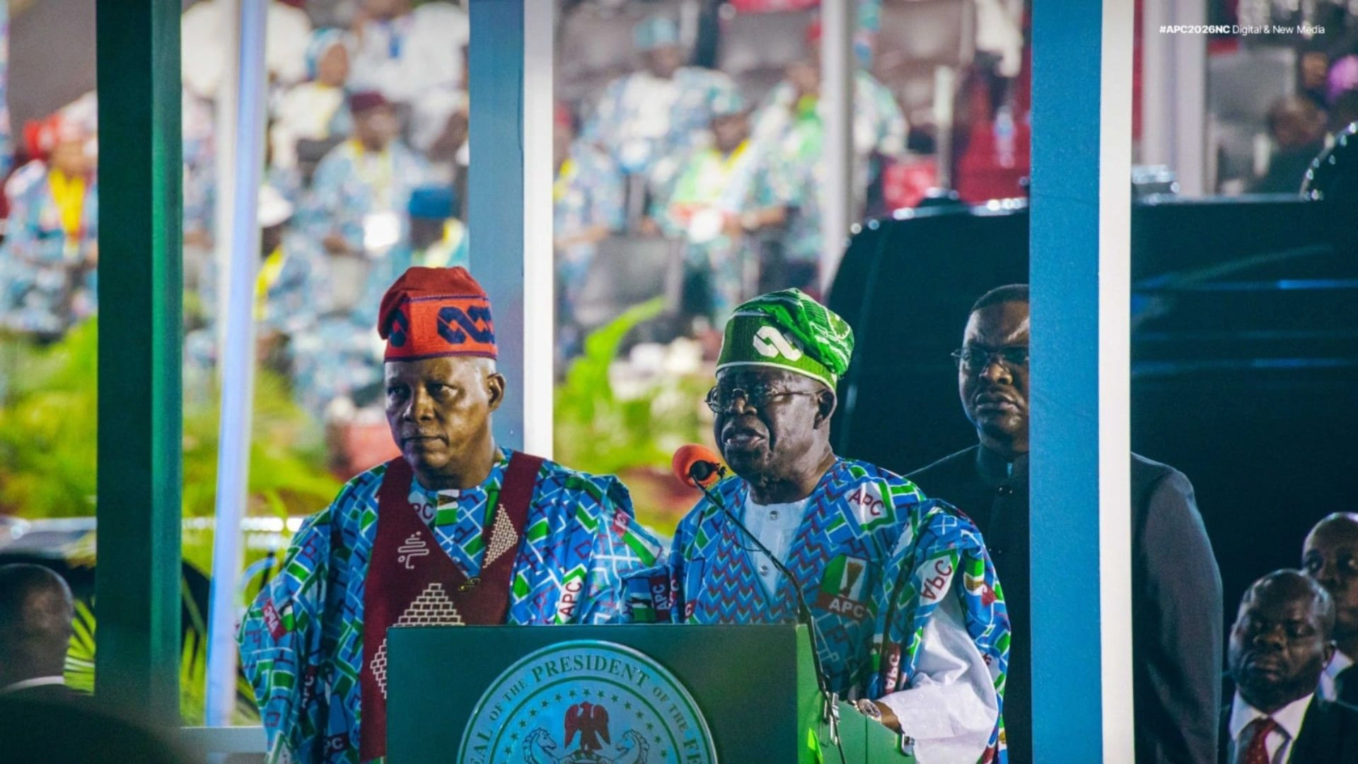 President Bola Tinubu and Vice President Kashim Shettima at the APC National Convention in Abuja.