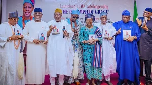 During the unveiling of the autobiography of Oba Dr Olu Falae titled: “The Triumph of Grace” held at the Nigerian Institute of International Affairs (NIIA) Victoria Island, Lagos, yesterday.