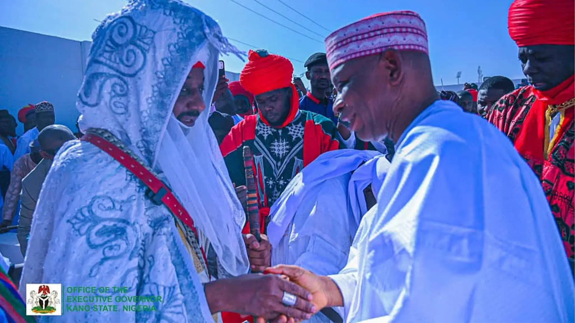 Governor Abba Kabir Yusuf exchanges pleasantries with the Emir of Kano, Dr. Muhammadu Sanusi II during Eid Fitir prayers at Kofar-Mata prayer ground, Kano