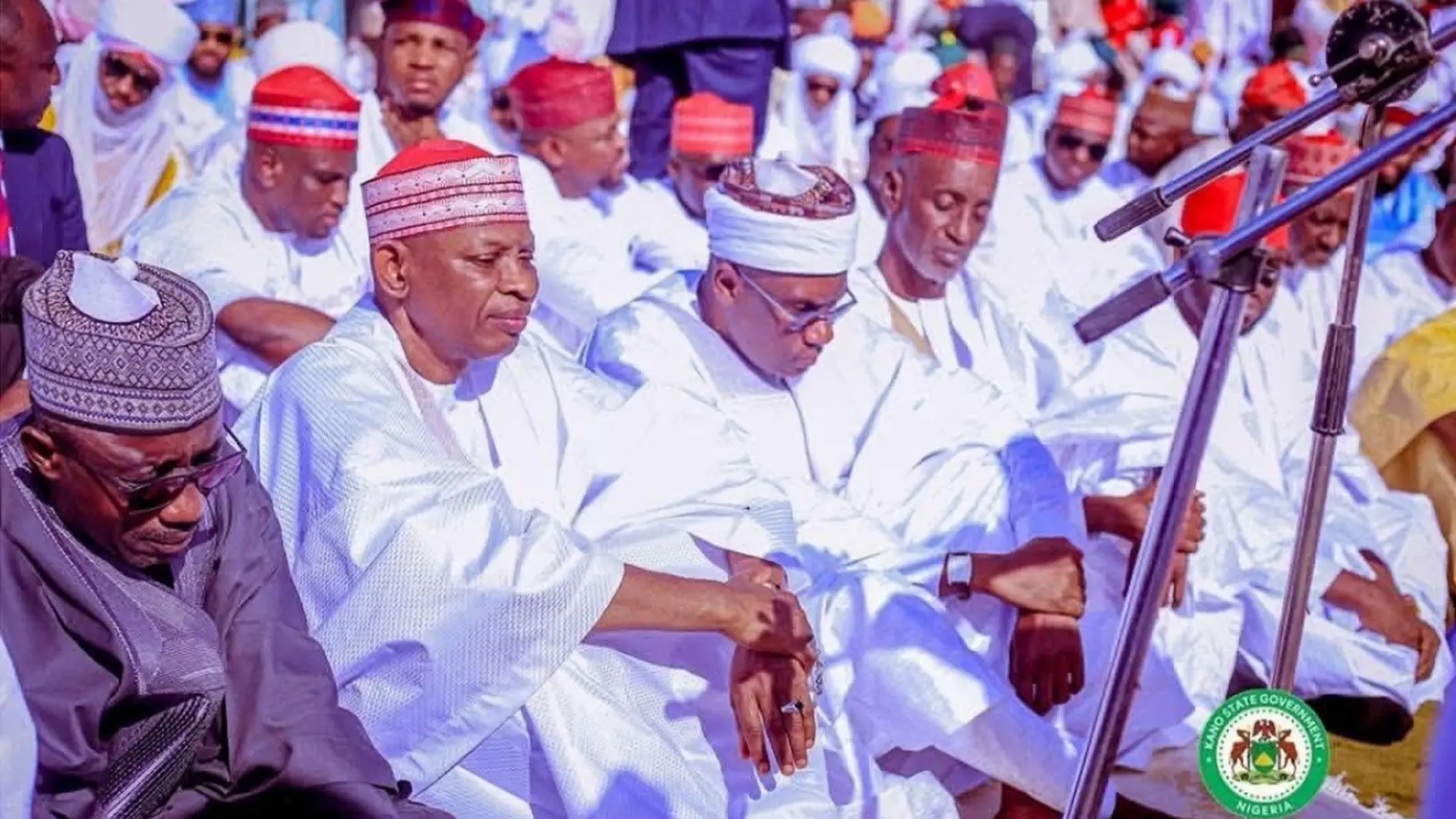 Rt. Director DSS, Kano, Abubakar Husaini, Governor Abba Kabir Yusuf, Commissioner of Police, CP Adamu Ibrahim Bakori, Secretary to Kano State Government SSG, Umar Faruq Ibrahim among top government officials at Kofar-Mata prayer ground on Sallah day