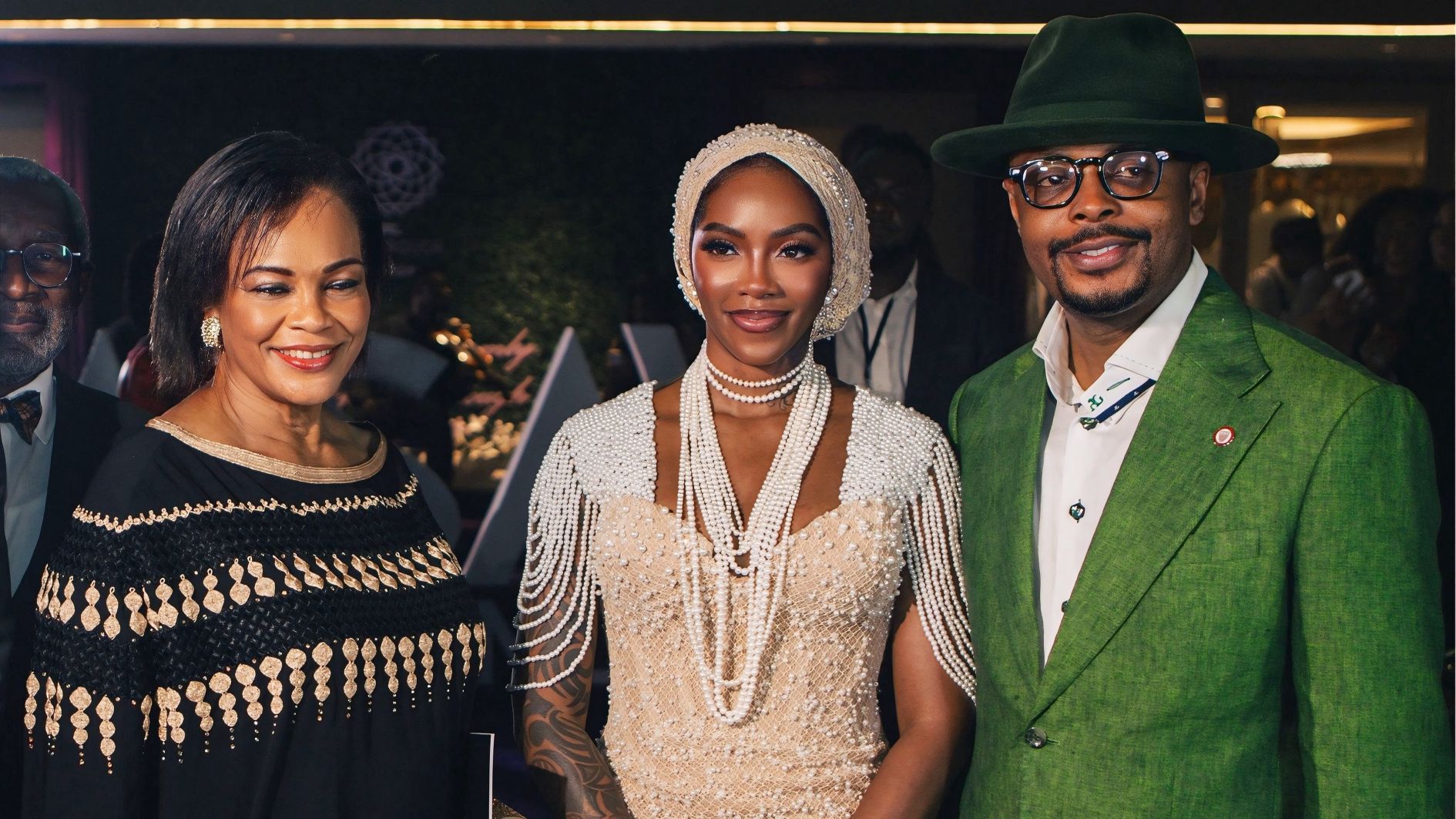 Tiwa Savage flanked by Senator Daisy Danjuma (left) and Founder of The Delborough Hotel, Stanley  Uzochukwu, at the venue that played host to the official unveiling of the Tiwa Savage Music Foundation.
