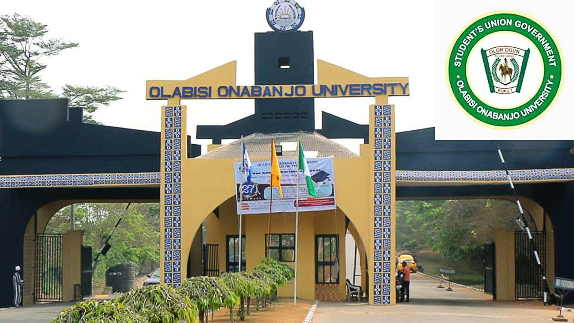 Olabisi Onabanjo University, (OOU) front gate and its SUG Logo