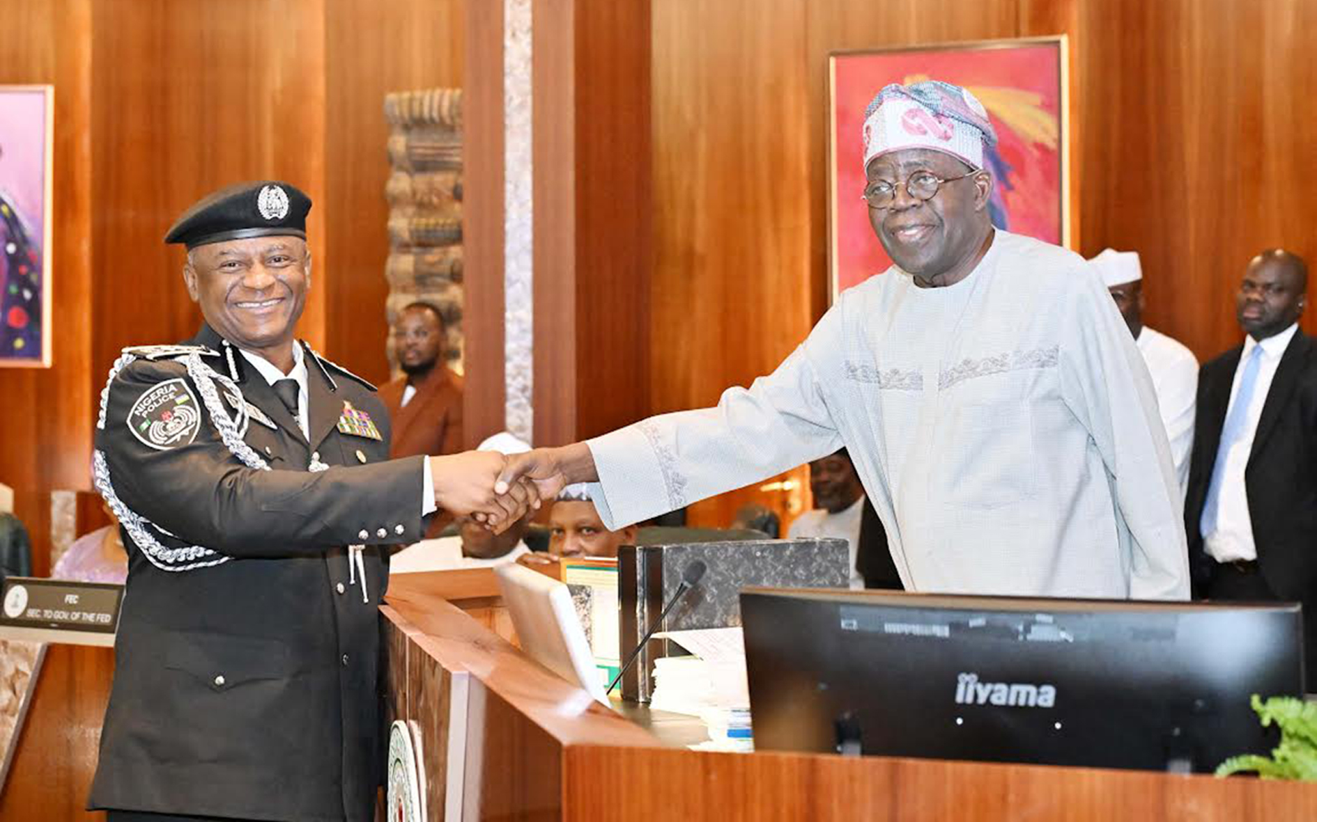 President Bola Tinubu (right) with the new Inspector-General of Police (IGP), Olatunji Disu, after the latter was sworn in at the Presidential Villa, Abuja, yesterday.