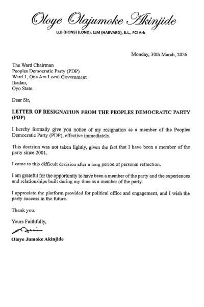 Akinjide resigns from PDP in Oyo, set to join APC