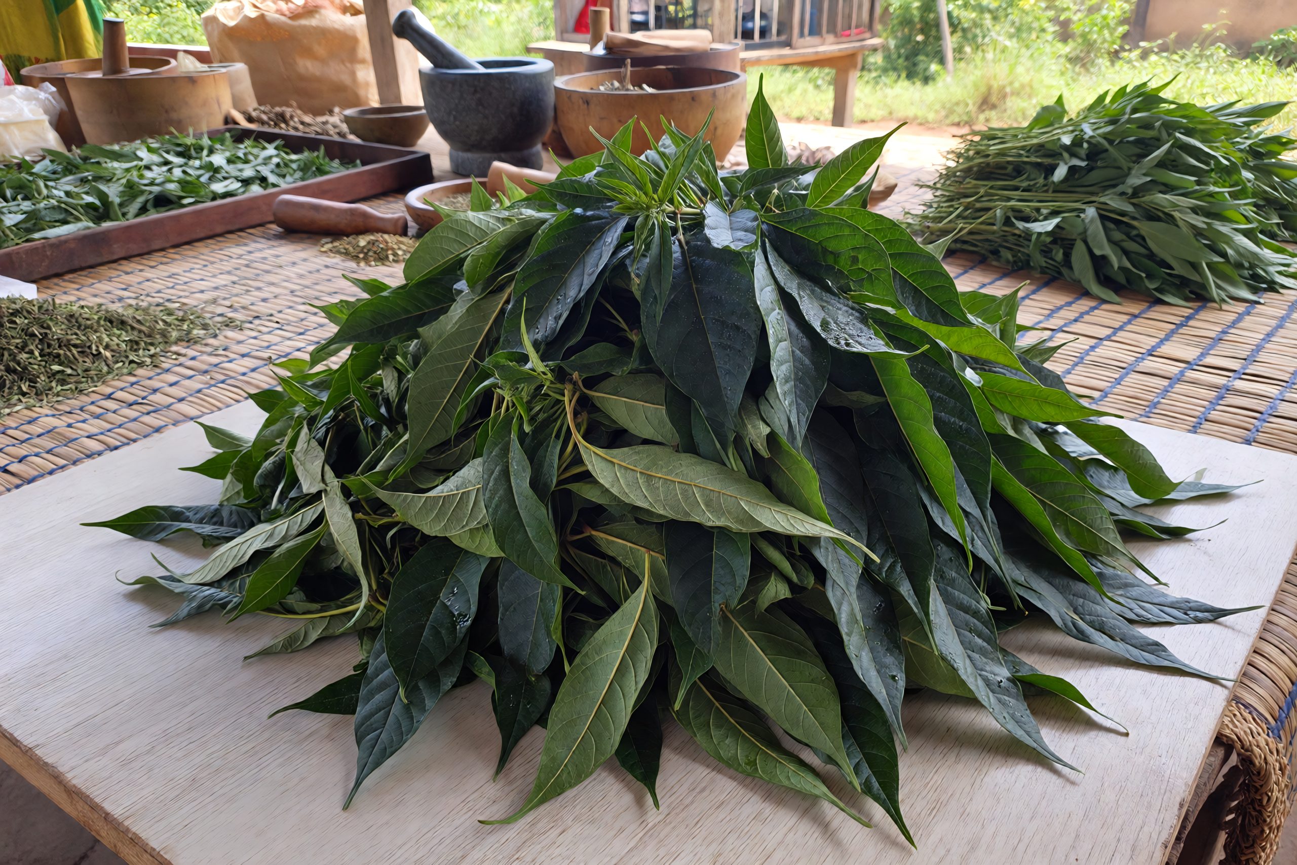 Fresh Awolowo leaf (Ewe Akintola) used in traditional Nigerian herbal medicine, known for health benefits including wound healing and natural remedies