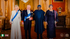 Queen Camilla (left); King Charles III; President Bola Tinubu and his wife, Oluremi Tinubu, at a State Banquet at Windsor Castle, during President Tinubu’s visit to the United Kingdom (UK), yesterday. Photo: Asovilladigital