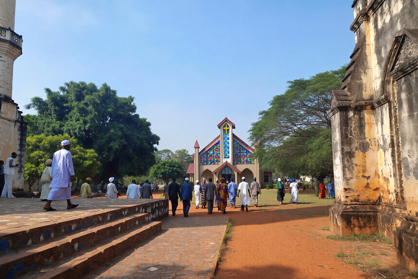 People walking toward a church service in Nigeria, illustrating Christianity as one of the largest religions in Africa and among the top religions in Nigeria