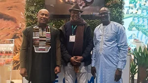 CEO of Balafon Hotel Group, The Gambia, Malleh Sallah, (left); Organiser Akwaaba African Travel Market, Ikechi Uko and Adama Njie of Gambia Tourism Board.