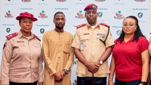 Transport Standardization Officer, FCT, Chief Route Commander, Lilian N. Onwuka (left); PR Manager Bolt Nigeria, Femi Adeyemo; FCT Sector Commander, FRSC, Corps Commander Felix N. Theman and Operations Manager Bolt Nigeria, Peace Adegoke at the road safety education programme for  e-hailing  driver-partners and couriers in Abuja.