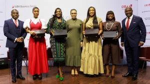 Head, Retail Products, United Bank for Africa (UBA), Tomiwa Sotiloye (left); Entrepreneur, Olufunke Davies(Fine Funky); Founder, ORIKI, Joycee Awosika; Group Head, Brands, Marketing and Corporation, UBA, Alero Ladipo; Renowned Broadcaster, Arise TV, Ayo Mairo-Ese; Media Personality, Tomike Adeoye and Executive Director Designate, Digital Banking, UBA, Emmanuel Lamptey, during the UBA Business Series, themed, “Introducing gen.w – The Evolved Woman,” which was held at the UBA House in Lagos, yesterday.