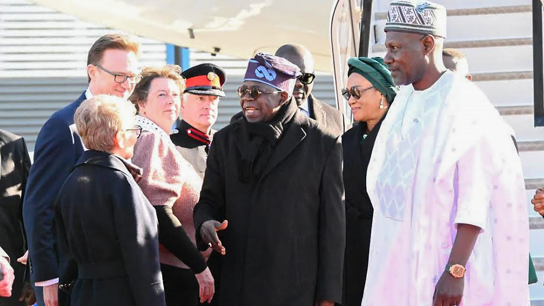 United Kingdom (UK) government officials welcome President Bola Tinubu (third right) with his wife, Oluremi, and Nigeria’s Ambassador to the UK, Muhammed Maidugu, when Tinubu arrived the UK for a state visit, yesterday.