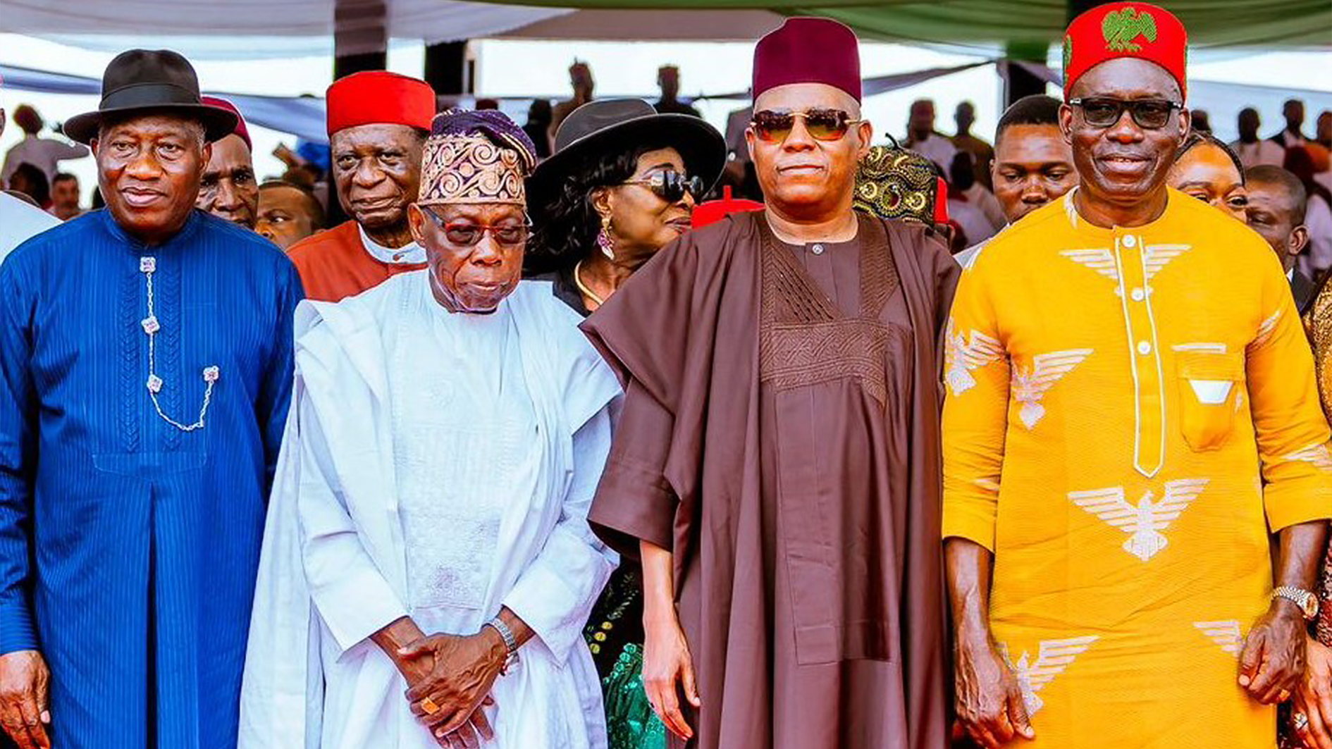 Former President, Goodluck Jonathan (left); his counterpart, Olusegun Obasanjo; Vice President, Kashim Shettima, and Anambra State Governor, Chukwuma Soludo, during Soludo’s second-term inauguration ceremony in Anambra State, yesterday.