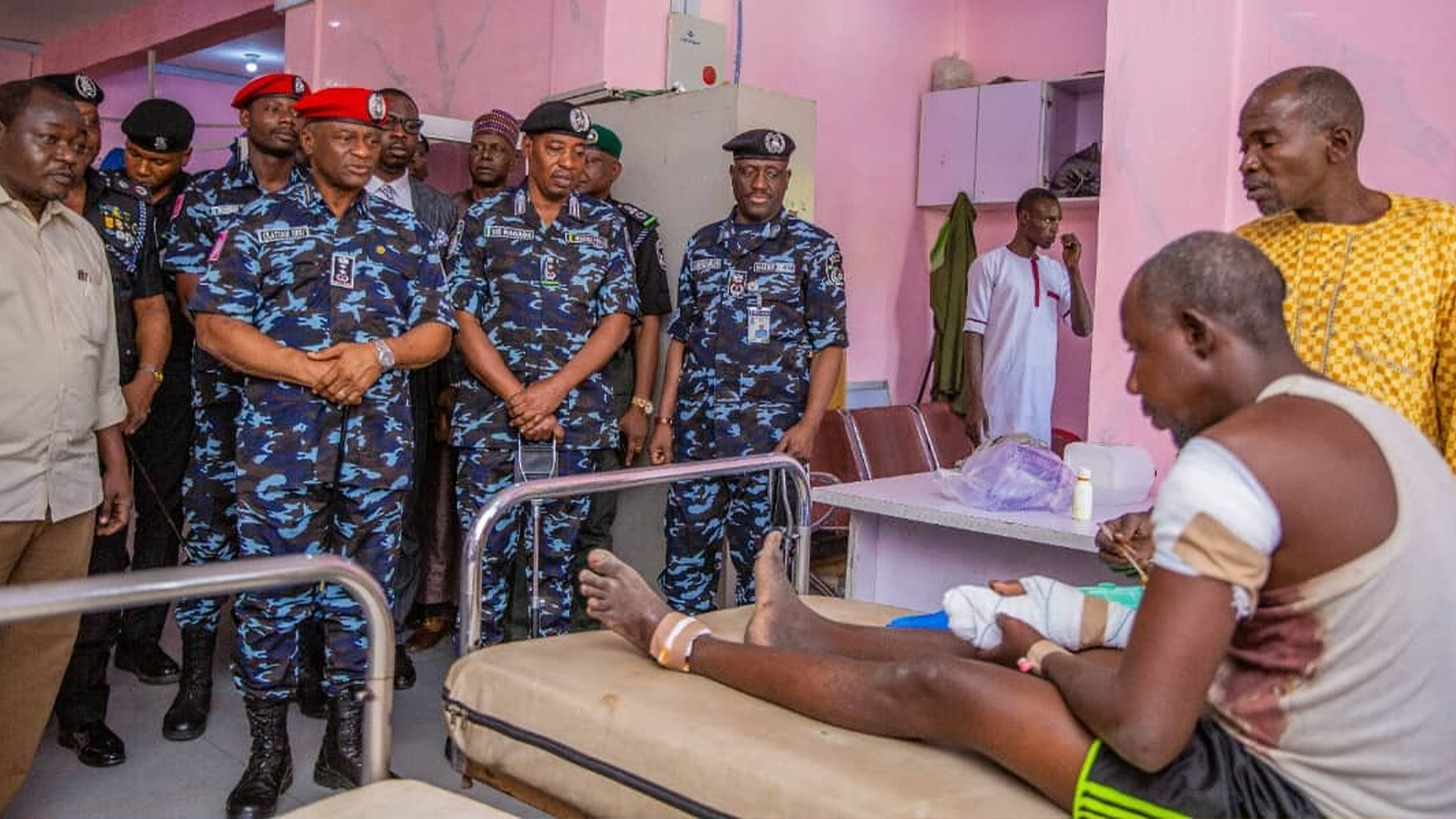 Inspector General of Police, Olatunji Disu, during a visit to victims of the Borno Explosion at Maiduguri Teaching Hospital, Borno State, yesterday.