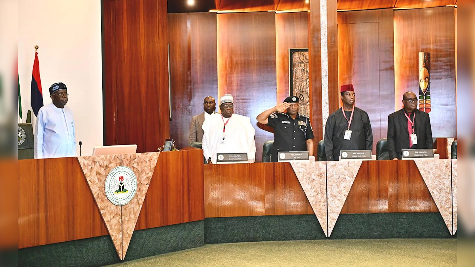 President Bola Tinubu (left); Chairman, Police Service Commission (PSC), Hashimun Argungun; Inspector-General of Police (IGP), Tunji Disu; Permanent Secretary, PSC, Onyemuche Nnamani and Permanent Secretary, Ministry of Foreign Affairs, Dunoma Ahmed during the Nigeria Police Council (NPC) meeting at the presidential Villa, Abuja, yesterday.