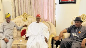Oyo State Governor, Seyi Makinde (left); former Governor of Kano State, Rabiu Kwankwaso, and past Governor of Bayelsa State, Seriake Dickson, at the 10th Yearly Dandalin Kwankwasiyya in Kano State, yesterday.