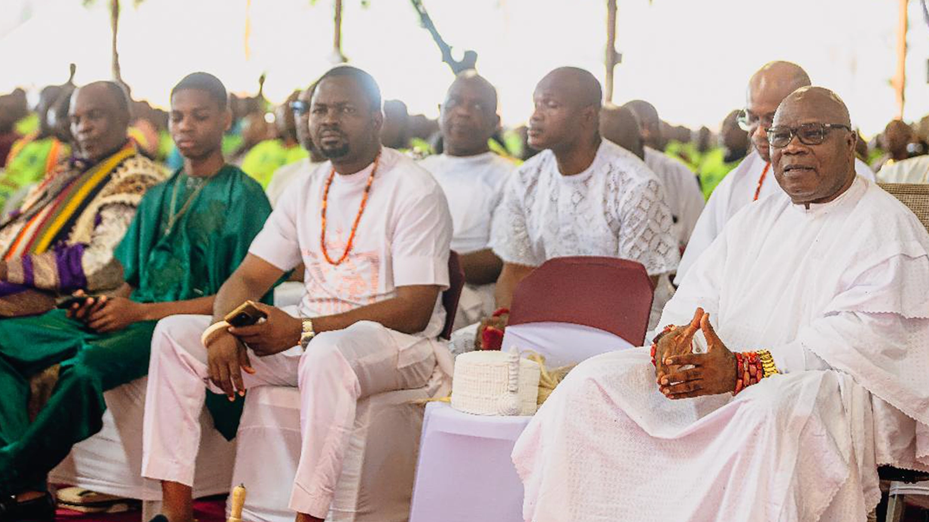 Special Guest, His Royal Majesty, Igwe Augustine Chinedu Emelobe (Ezeokpoko 11) of Oba Town, Anambra State (right) with his chiefs at the Lord's Chosen Charismatic Revival Ministries event with the theme: "From Sorrow To Joy" held from February 7-8, 2026 at the church’s headquarters in Ijesha, Lagos. 