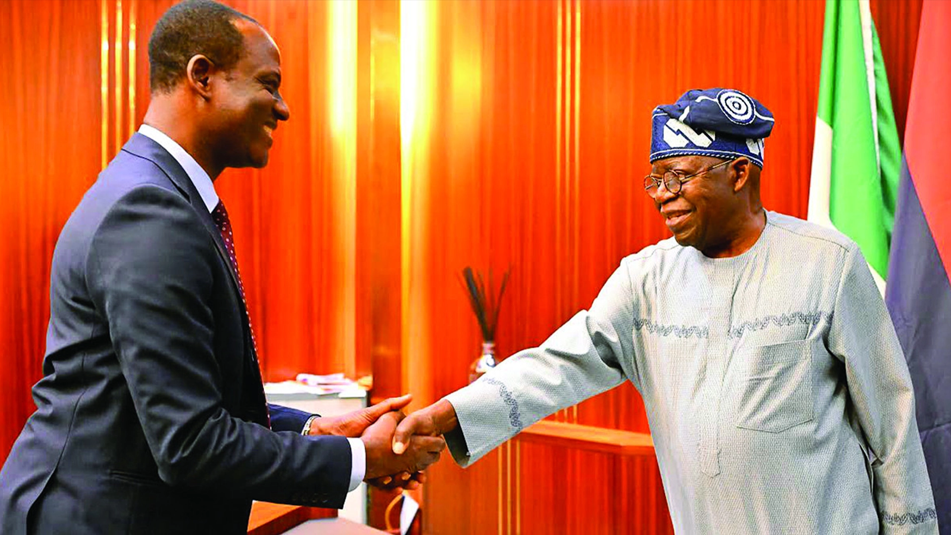President Bola Tinubu (right) congratulating the newly sworn in Minister of State for Finance, Taiwo Oyedele, at the Presidential Villa, Abuja, yesterday.