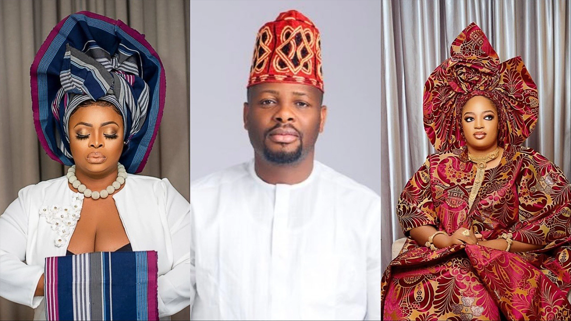 Idris Aregbe in a photo collage with Actress Dayo Amusa and Prophetess Naomi Silekunola on Gele