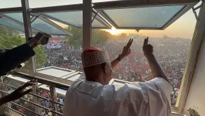 Governor Yusuf receiving cheers from mammoth crowd during the Sallah Durbar Festival at Gaya emirate on Saturday.