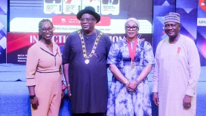 Team Lead, DW Digital Academy and Guest Speaker, Olubukola Ige (left); President and Chairman of Council, Nigerian Institute of Management (Chartered), Commodore Abimbola Ayuba (rtd.); Registrar/Chief Executive, NIM, Dr Taiwo Olusesi and Council member, Commodore Sunday Oguntade (rtd.),  at the membership induction ceremony of the Institute in Lagos.