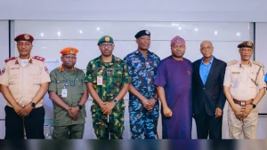 Sector Commander, FRSC Lagos State, CC Kehinde Hamzat (left);  Commandant, NSCDC Lagos State Command, Mr. Keshinro Adedotun ; Commander, 9 Brigade, Nigerian Army, Brig Gen. Ayokunle Owolabi; AIG Zone 2, AIG Olorundare Jimoh; Executive Secretary/CEO, Lagos State Security Trust Fund, Dr. Ayo Ogunsan; Board Member, LSSTF, DIG Agboola Oshodi-Glover and Comptroller, Nigerian Immigration Service, Lagos Command, CIS Christopher Onajinrin during the opening ceremony of the training