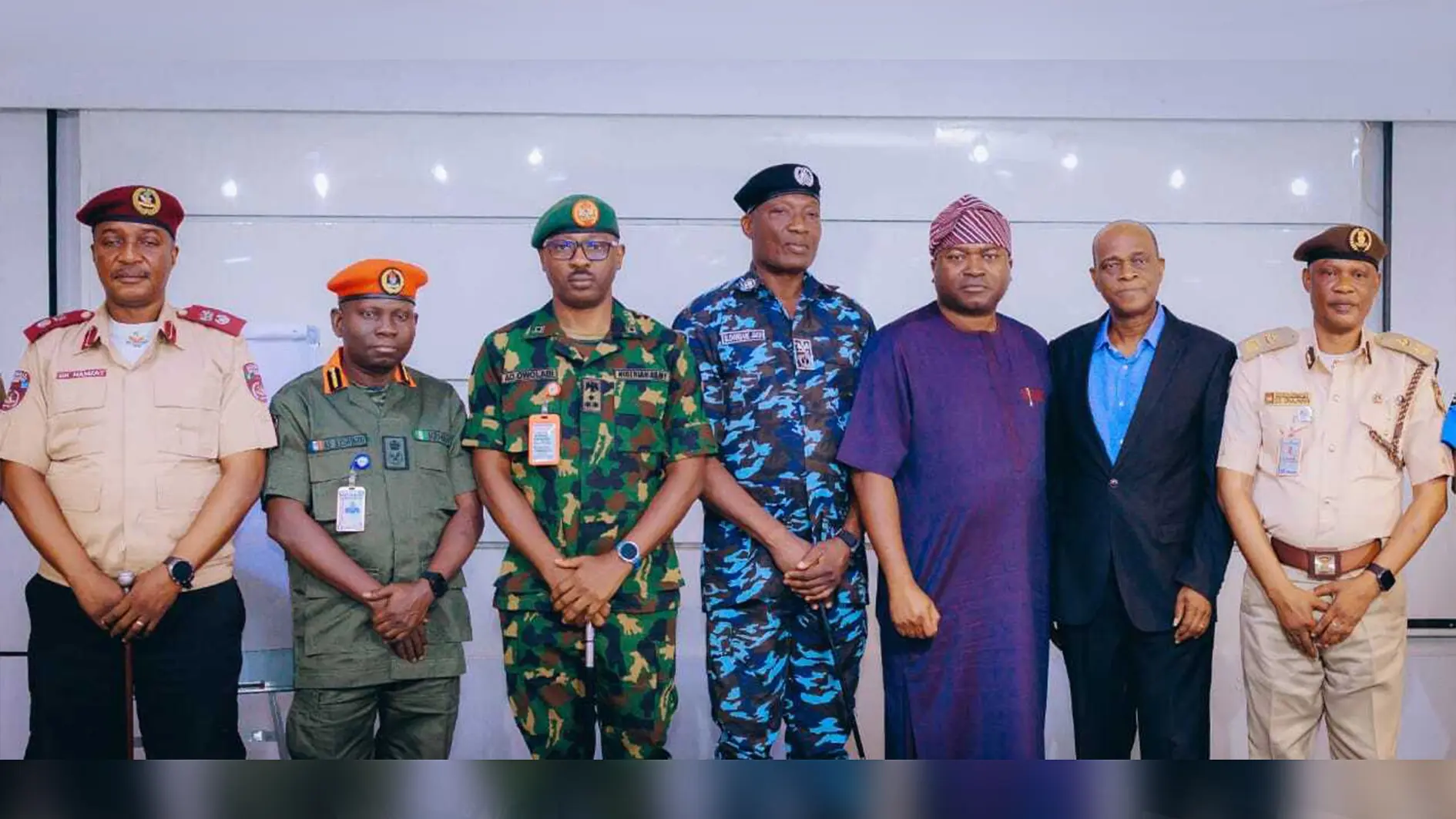 Sector Commander, FRSC Lagos State, CC Kehinde Hamzat (left);  Commandant, NSCDC Lagos State Command, Mr. Keshinro Adedotun ; Commander, 9 Brigade, Nigerian Army, Brig Gen. Ayokunle Owolabi; AIG Zone 2, AIG Olorundare Jimoh; Executive Secretary/CEO, Lagos State Security Trust Fund, Dr. Ayo Ogunsan; Board Member, LSSTF, DIG Agboola Oshodi-Glover and Comptroller, Nigerian Immigration Service, Lagos Command, CIS Christopher Onajinrin during the opening ceremony of the training