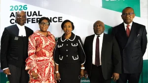 International criminal lawyer, Dr Charles Adeogun-Philips (left); Chairman, Conference Planning Committee (CPC), Mrs Abimbola Akeredolu; Chairman, NBA-SLP, Folashade Alli; vice chairman of the NBA-SLP, Tonye Krukrubo (SAN) and co-chairman of CPC, Mr Kelechi Obi, during the NBA-SLP press conference in Lagos.