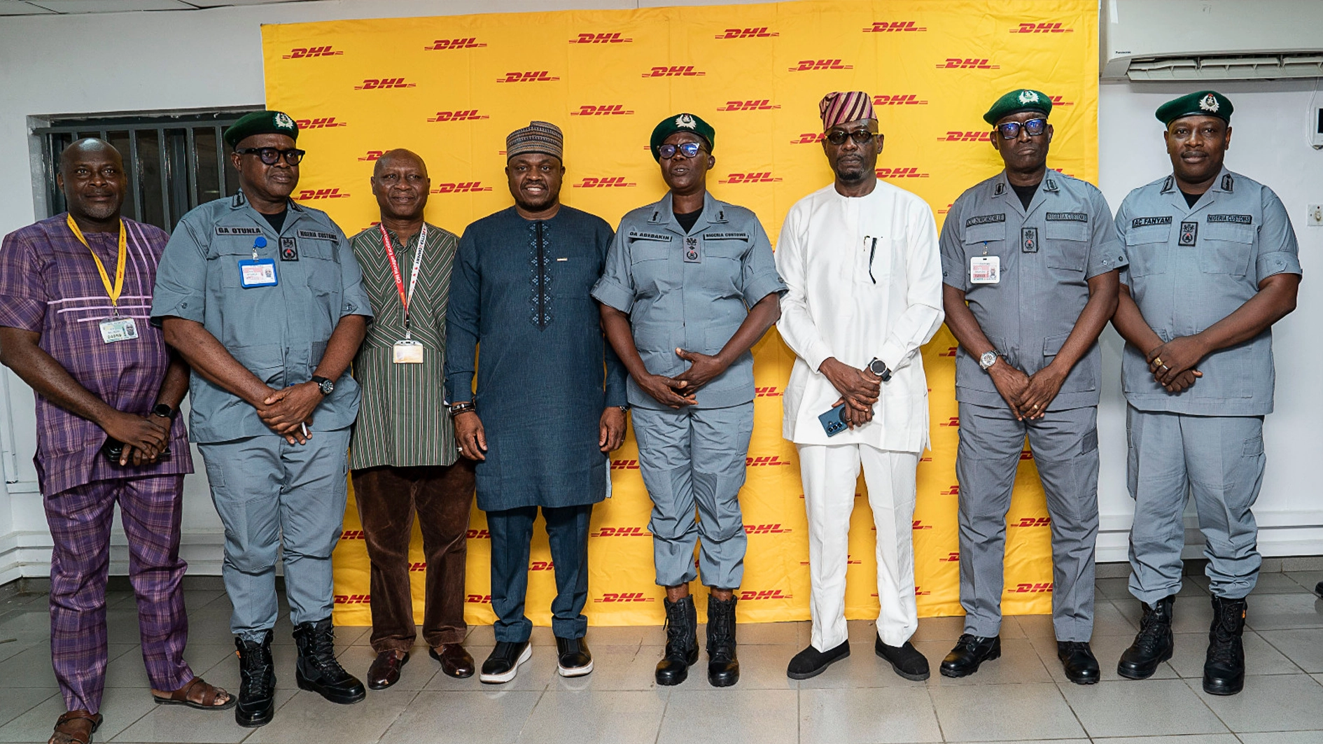 Senior Gateway Manager of DHL, Davids Malachi (left); Customs Area Comptroller, Murtala Muhammed Airport Command, Godwin Otunla; Country manager/Managing Director, DHL International Nigeria, Muyiwa Adeseyoju; Director, National Single Window (NSW), Tola Fakolade; Deputy Comptroller General of the Nigeria Customs Service (NCS) in charge of Information Communication Technology (ICT) and Modernisation, Oluyomi Adebakin; Director of Cargo Development and Services, Federal Airports Authority of Nigeria (FAAN), Lekan Thomas; Customs Area Controller, Murtala Muhammed International Airport, Chidi Nwokorie and Comptroller Christopher Fanyam at the NSW launch in Lagos on Friday.