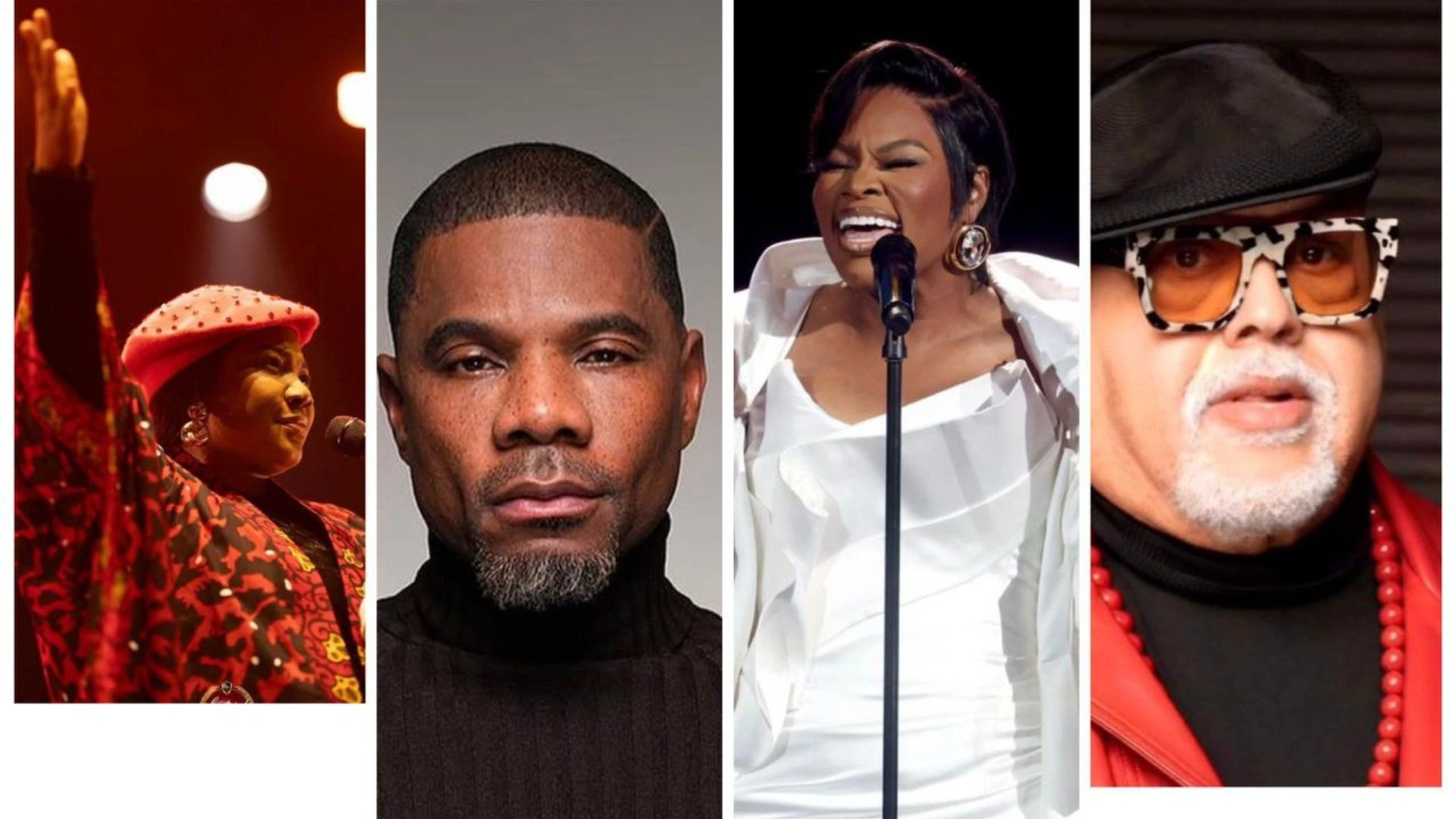 mercy chinwo, Kirk Franklin, Tasha Cobbs Leonard, and Fred Hammond.