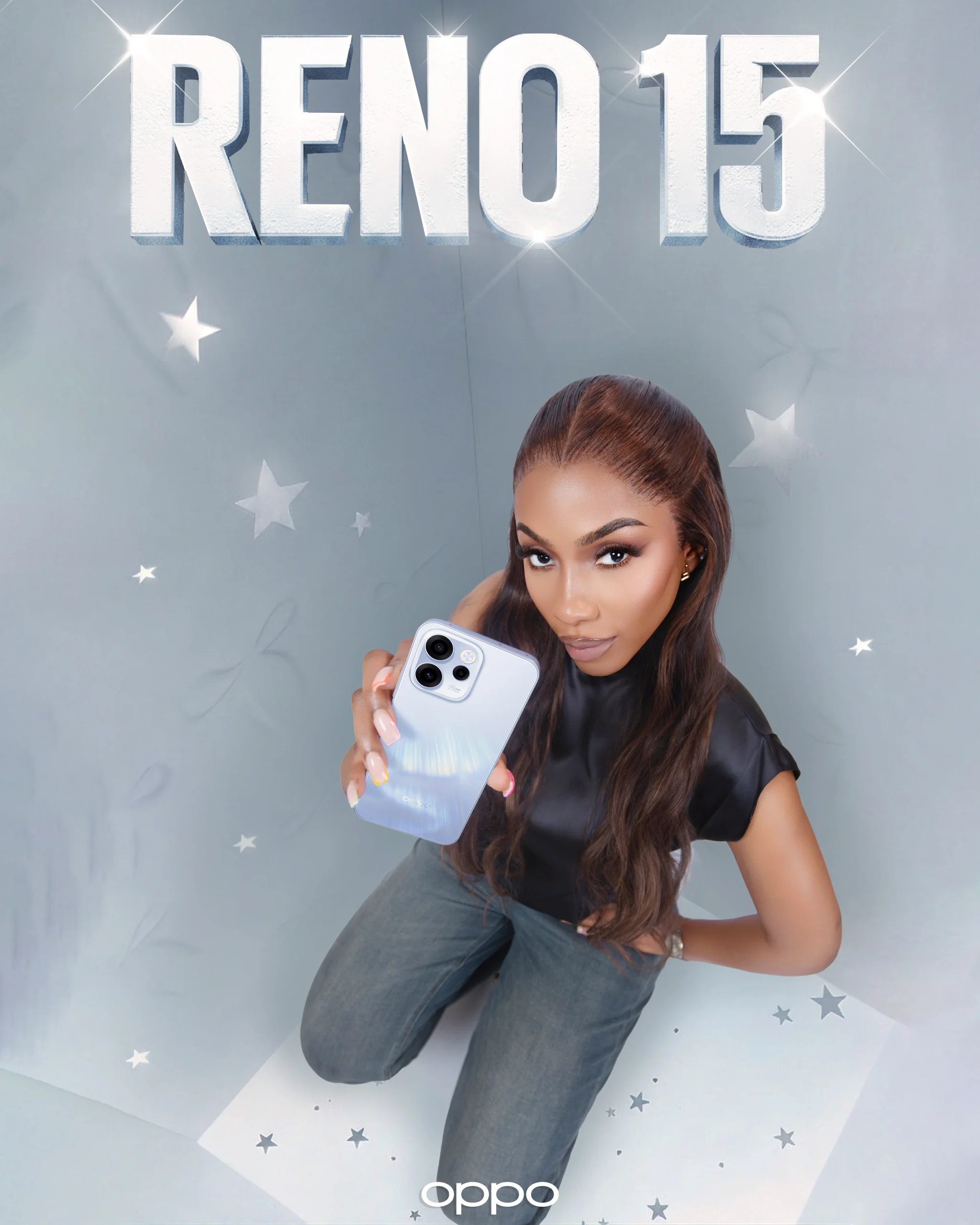 Mercy Eke holding a Reno15 Series Oppo smartphone