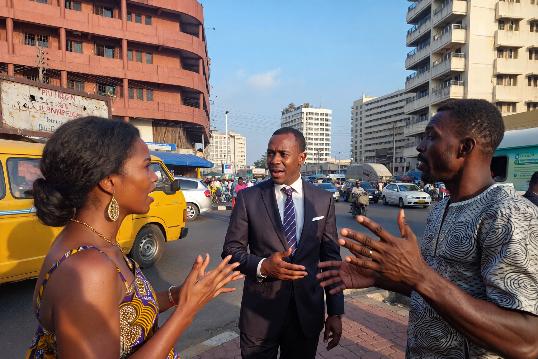 People talking on a busy street in Lagos, showcasing Nigerian pidgin phrases like ‘I love you’ and the vibrant city known as the one that never sleeps