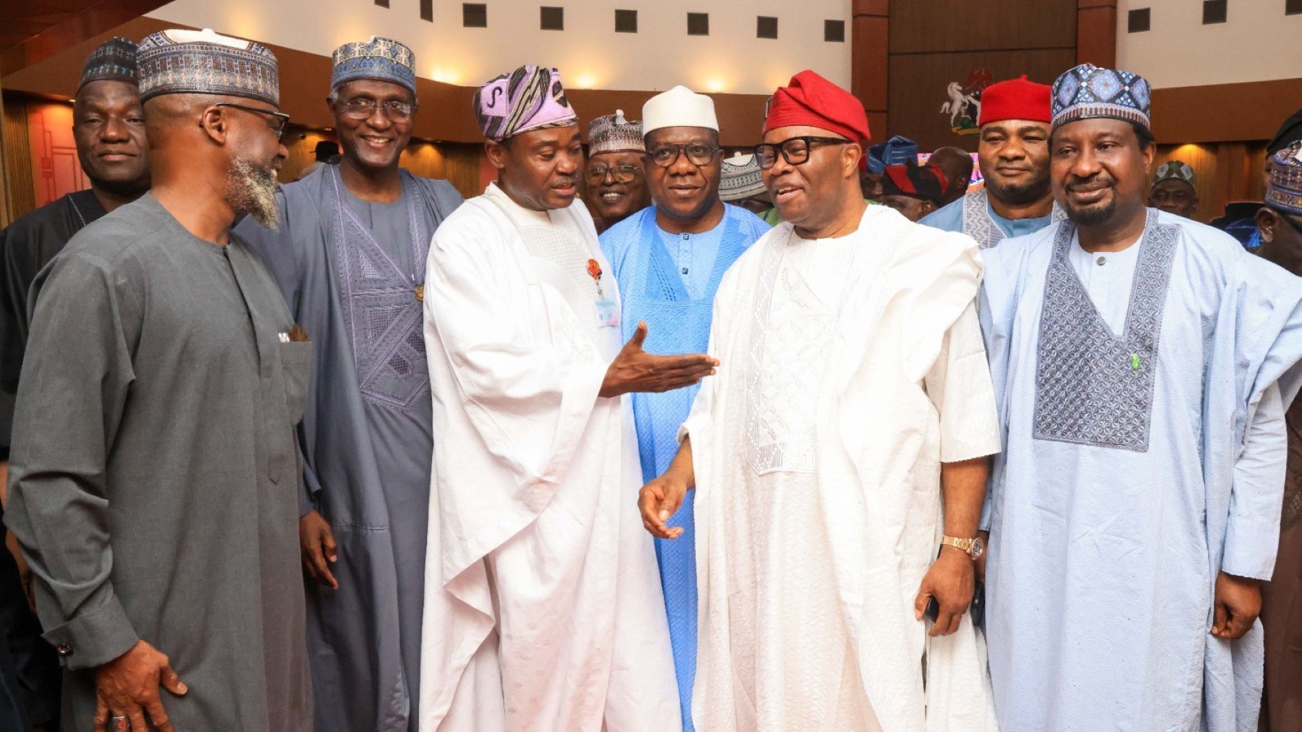 Chairman, Senate Committee on Employment, Labour and Productivity, Diket Plang (left); Chairman, Senate Committee on Cooperation, Integration and NEPAD,  Nasiru Daura;  Chairman, Senate Committee on Army, Abdulaziz Yaradua; Chairman, Senate Committee on Inter-Parliamentary Affairs/Nigeria’s Permanent Representative Designate to the United Nations, Jimoh Ibrahim; Deputy Leader of the Senate, Oyelola Ashiru; Leader of the Senate, Opeyemi Bamidele; President of the Senate, Godswill Akpabio; Deputy Whip of the Senate, Peter Onyekachi Nwaebonyi and Deputy President of the Senate, Barau Jibrin after the passage of the 2026 Appropriations Bill at the Senate Chamber, National Assembly Complex, Abuja, yesterday.