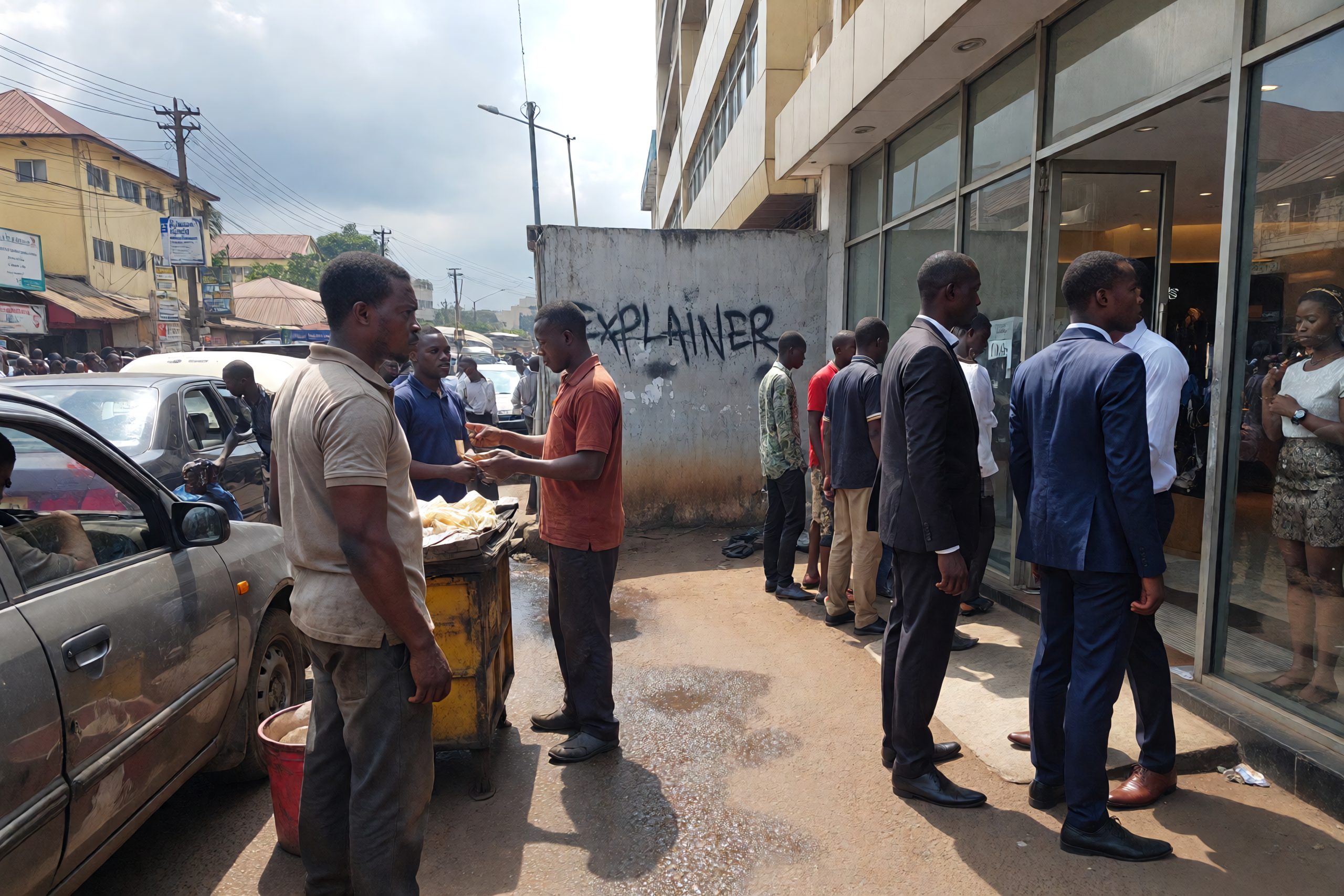 People standing outside a business in Nigeria reflecting conversations about what a ‘nepo baby’ means and why the term is trending in Nigerian slang