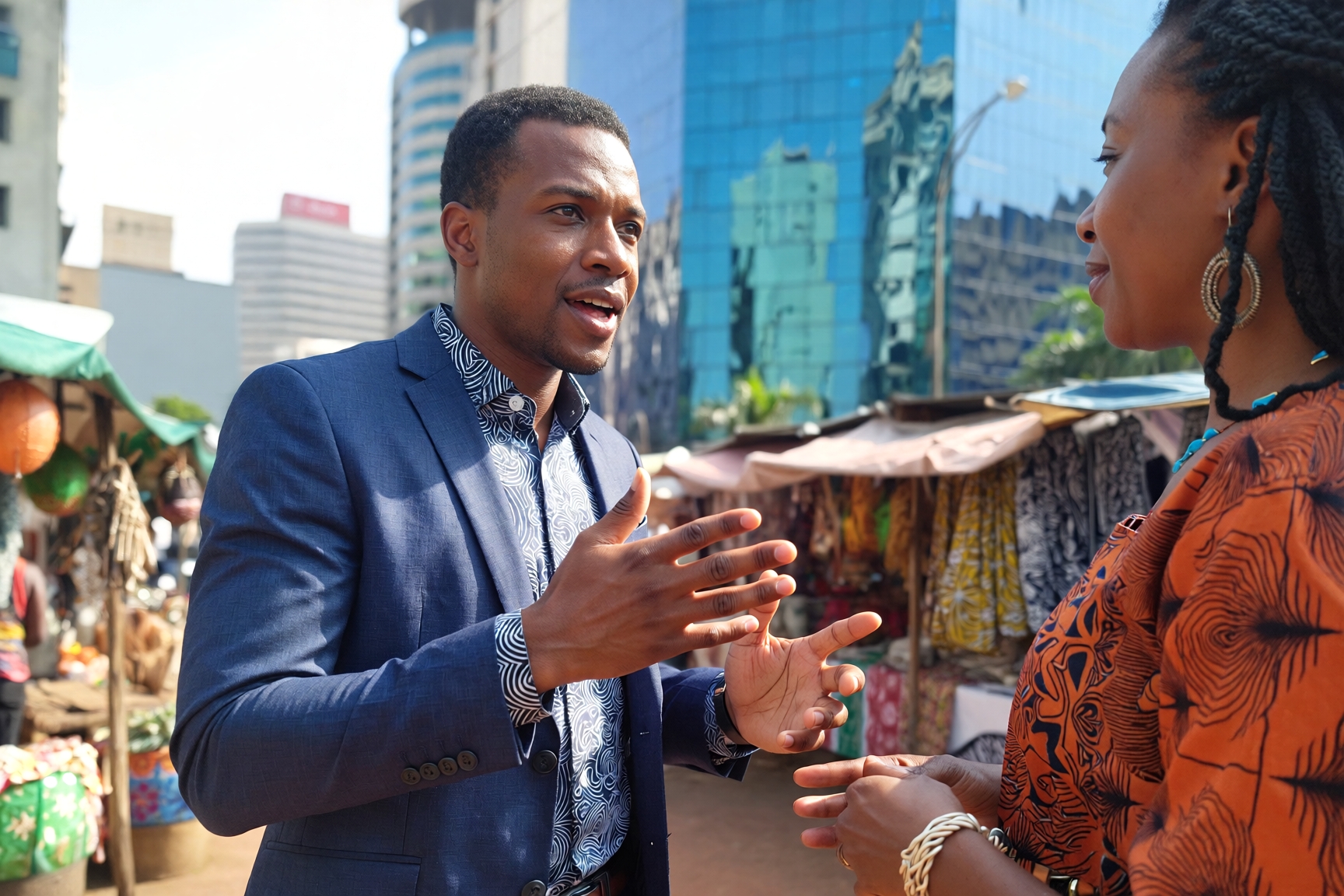 Two professionals having a conversation in a Nigerian street market, reflecting how English is spoken in Nigeria and similar countries